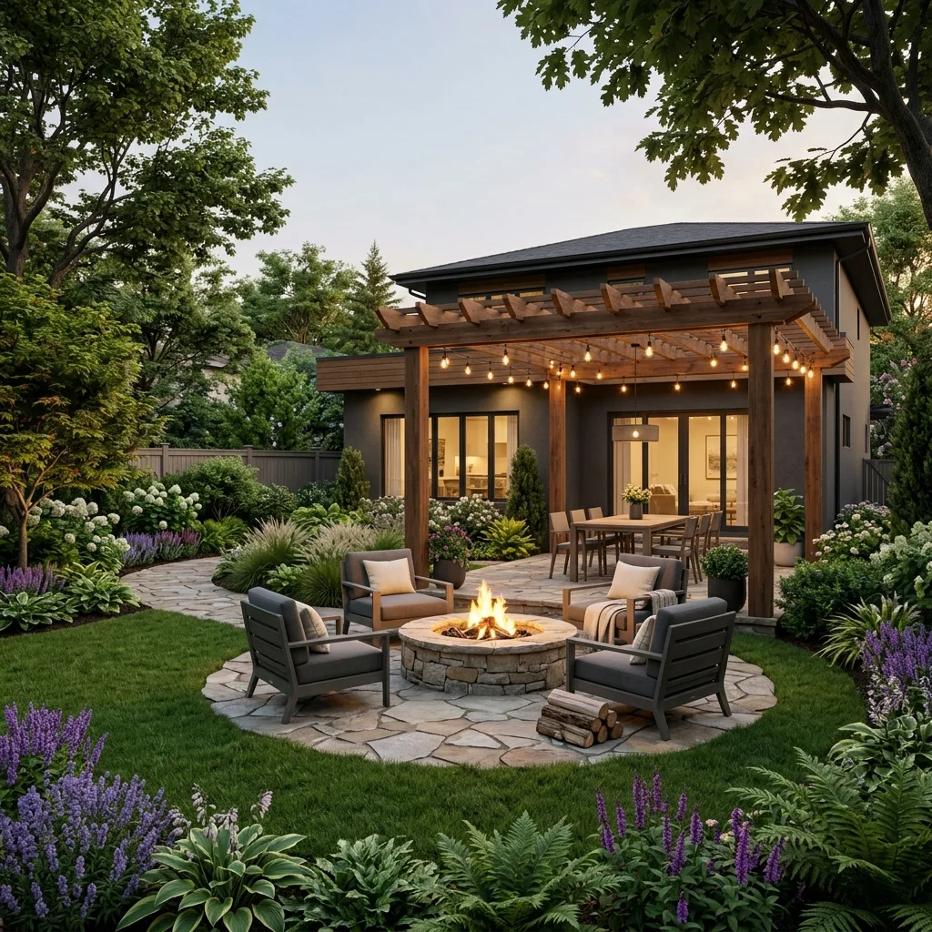 3D backyard rendering with firepit and pergola