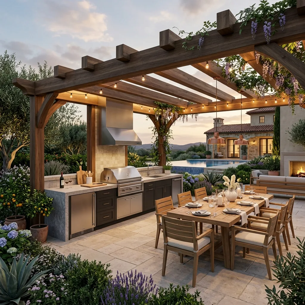 3D rendering of outdoor kitchen with pergola