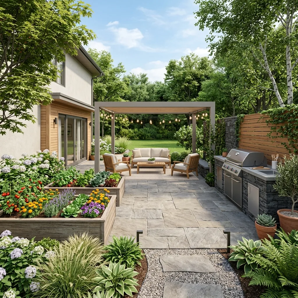 3D rendering of raised planting beds with built-in outdoor grill
