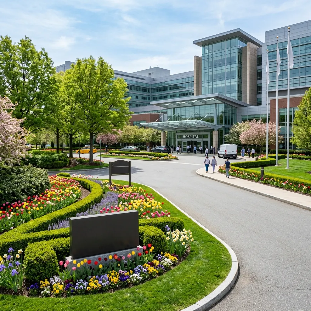 Modern hospital entrance with manicured flower beds