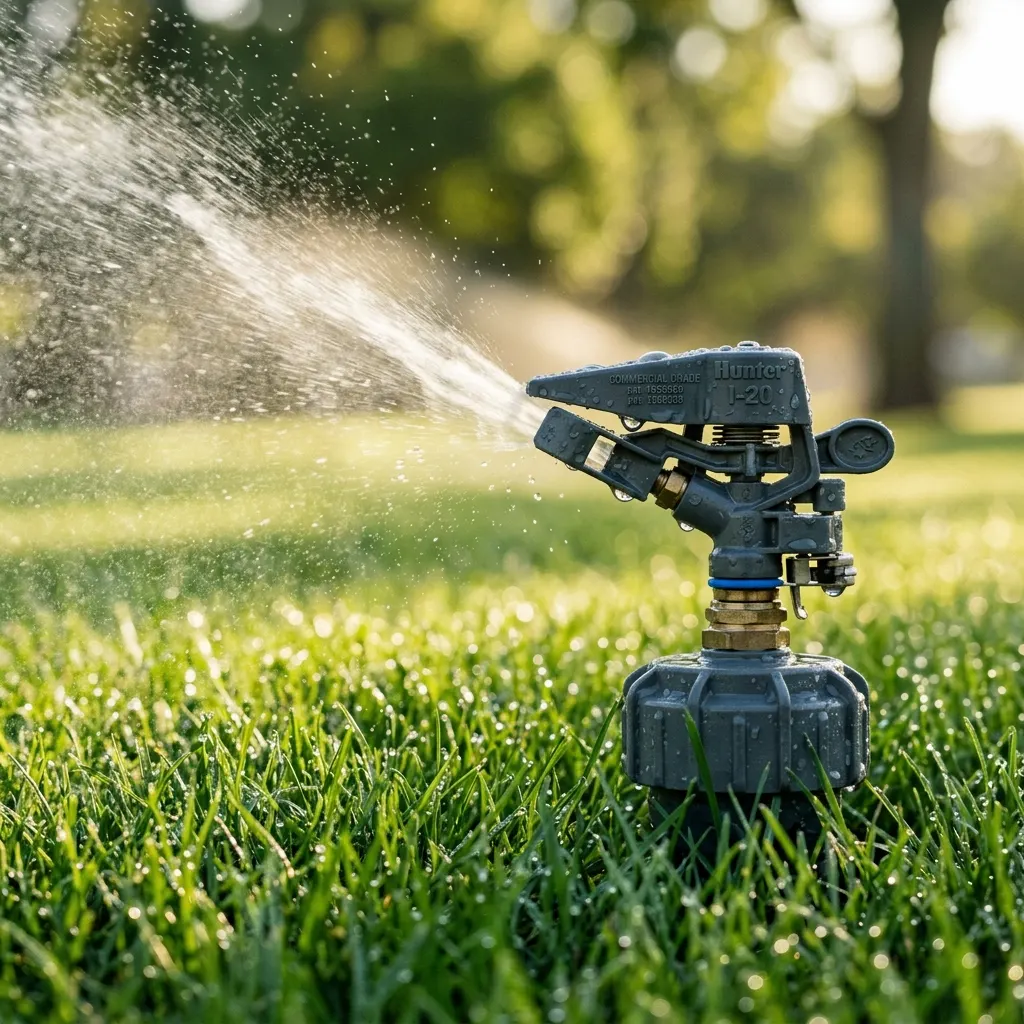 Irrigation sprinkler head in morning sun with bokeh