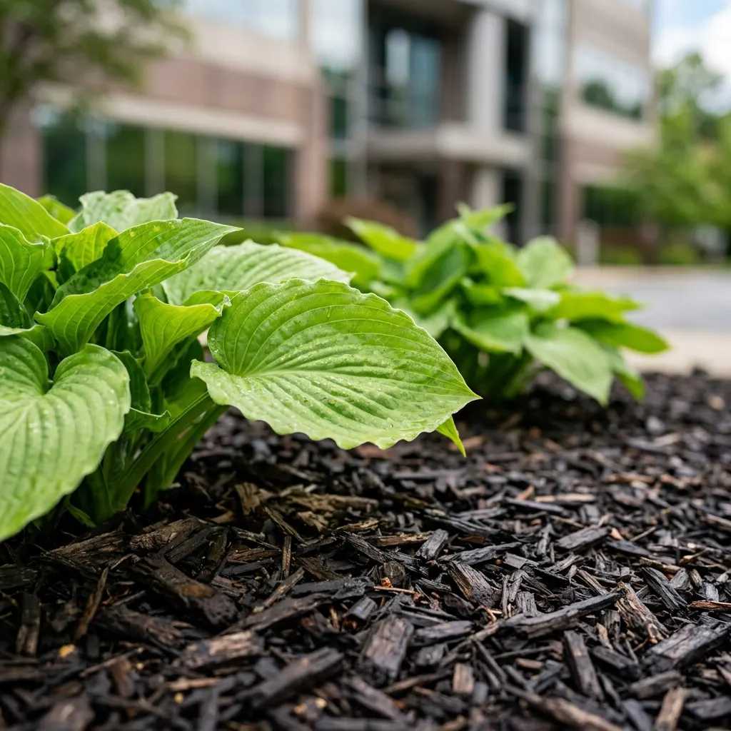 Macro shot of premium black mulch and hosta leaf with bokeh