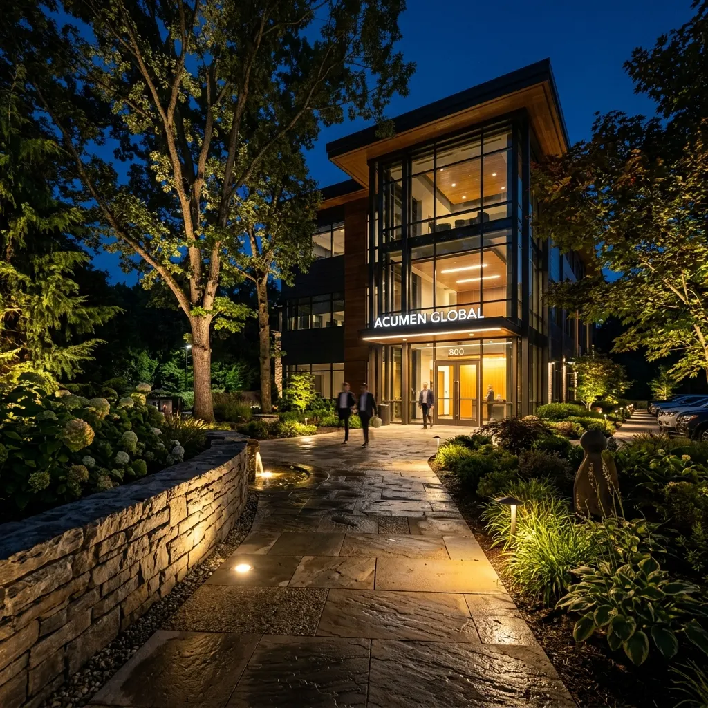 Office park at night with landscape up-lighting