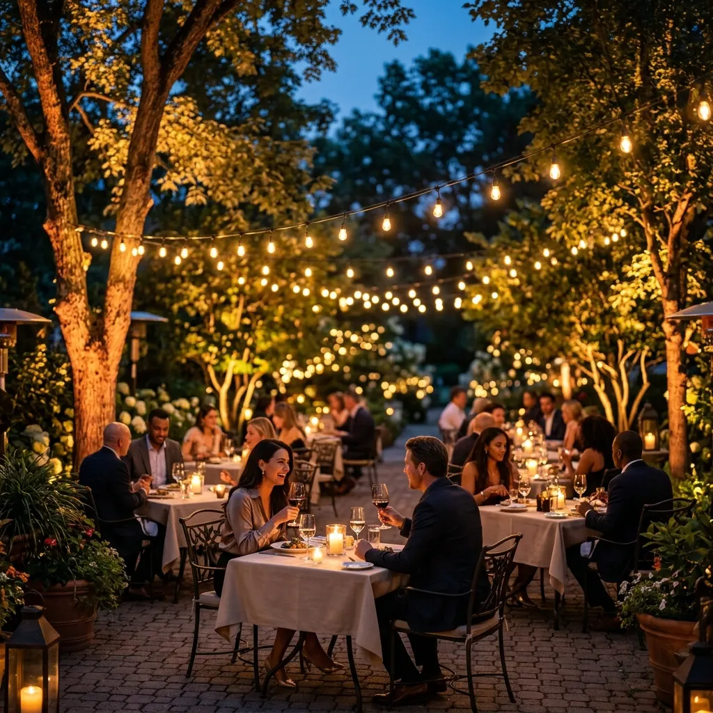 Restaurant outdoor dining at night with landscape lighting bokeh
