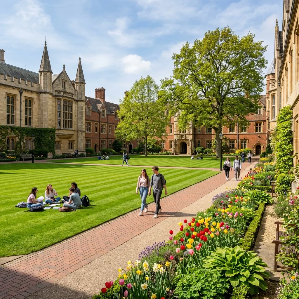 University quad with students on lush green lawn