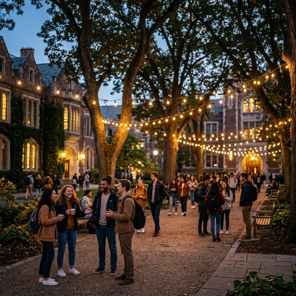 University campus at night with string lights and students