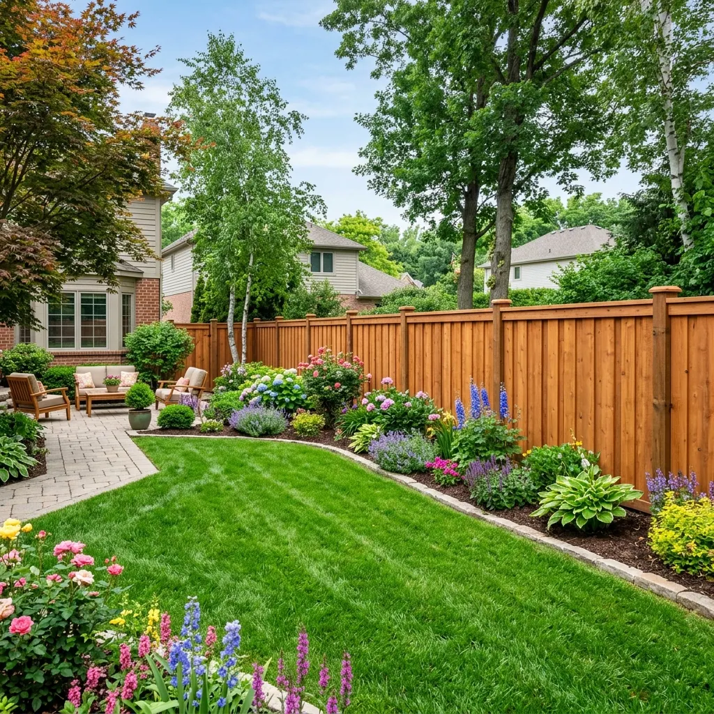 Cedar privacy fence around manicured lawn