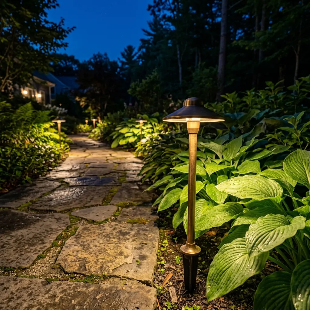 Copper landscape lighting along stone path at night