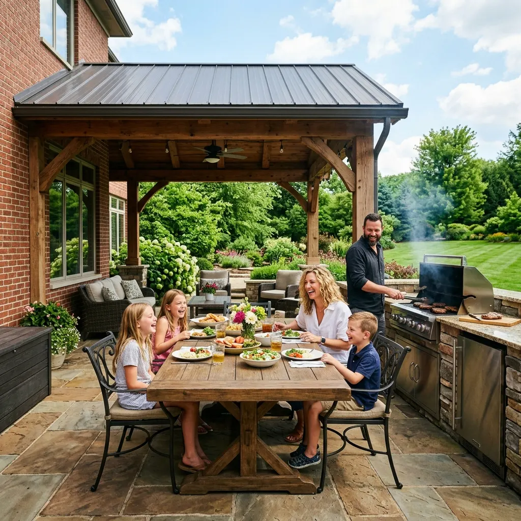 Family grilling at outdoor kitchen under pavilion