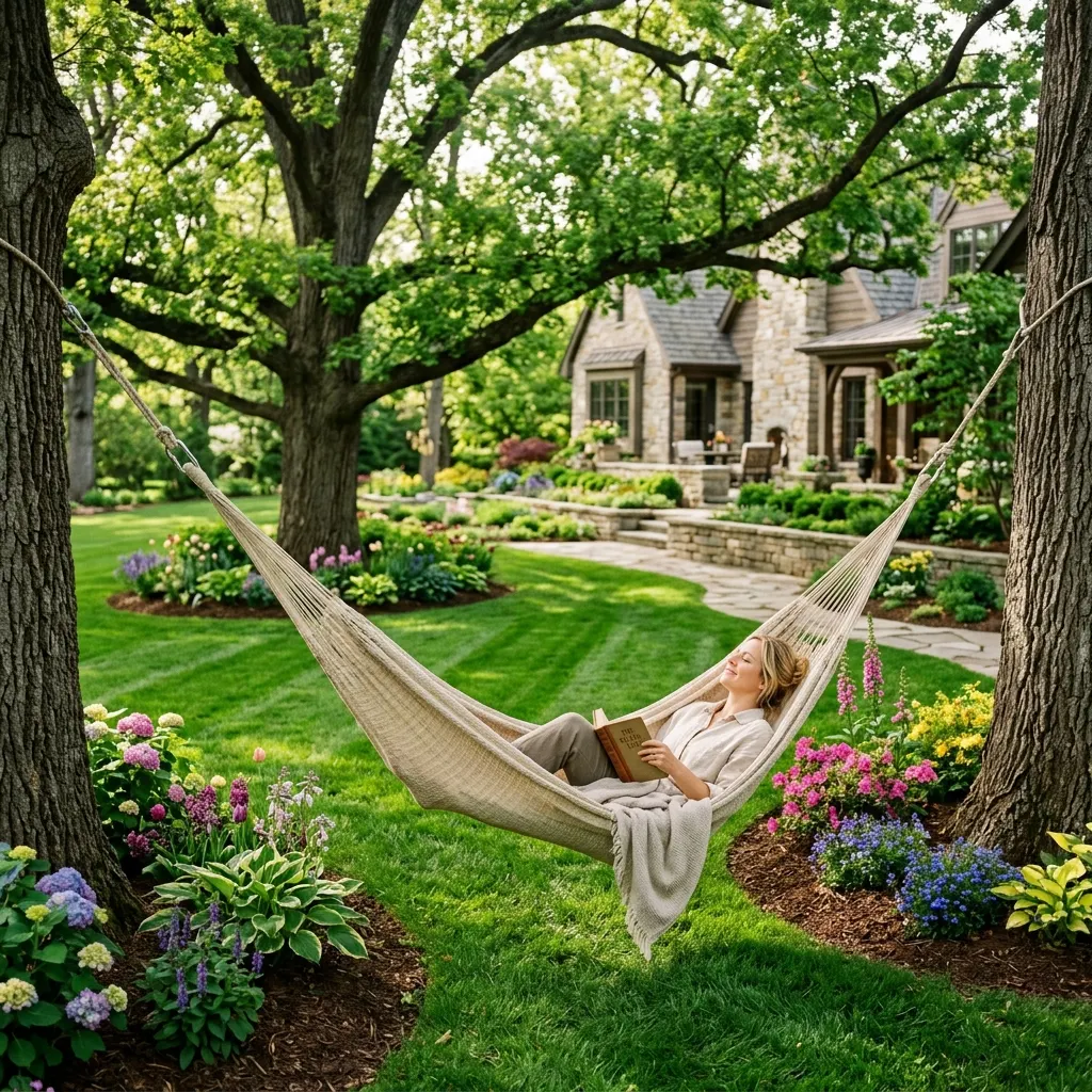 Relaxing in hammock surrounded by spring garden