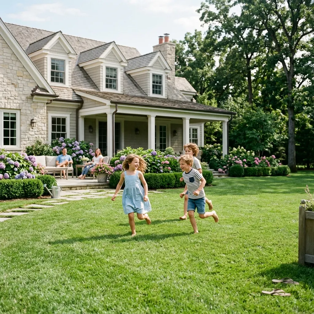 Children playing on a perfect summer lawn