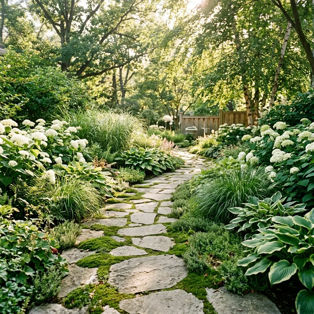 Stone path softened by thyme, moss and hydrangea