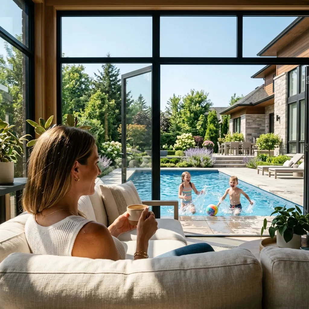 Mother watching children play in pool from sunroom