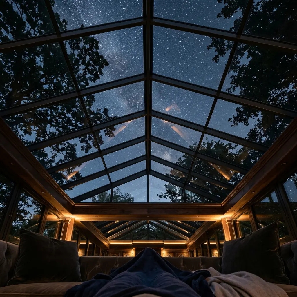 POV from sunroom sofa looking up at starry sky