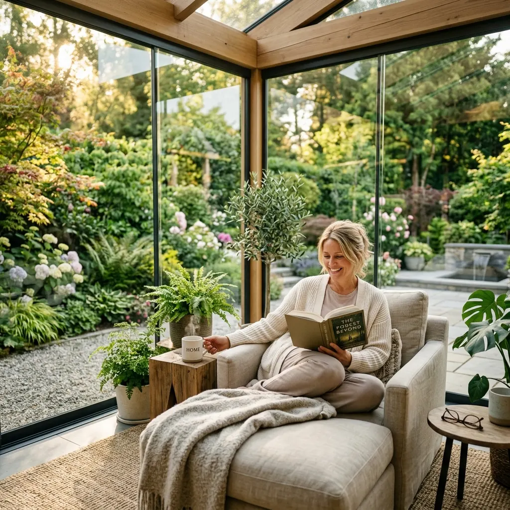 Woman reading in sunroom overlooking garden