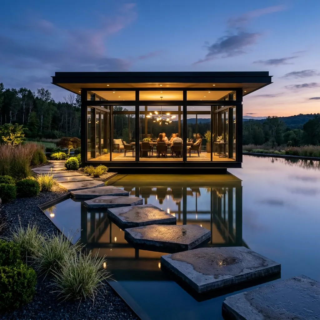 Floating glass pavilion over reflecting pond