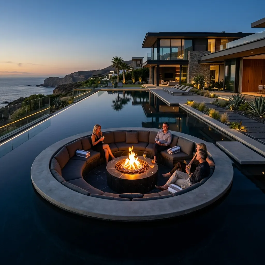 Sunken lounge with infinity pool and firepit