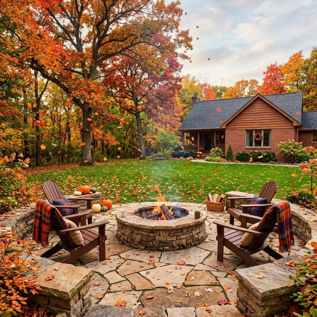 Autumn patio with firepit and fall foliage