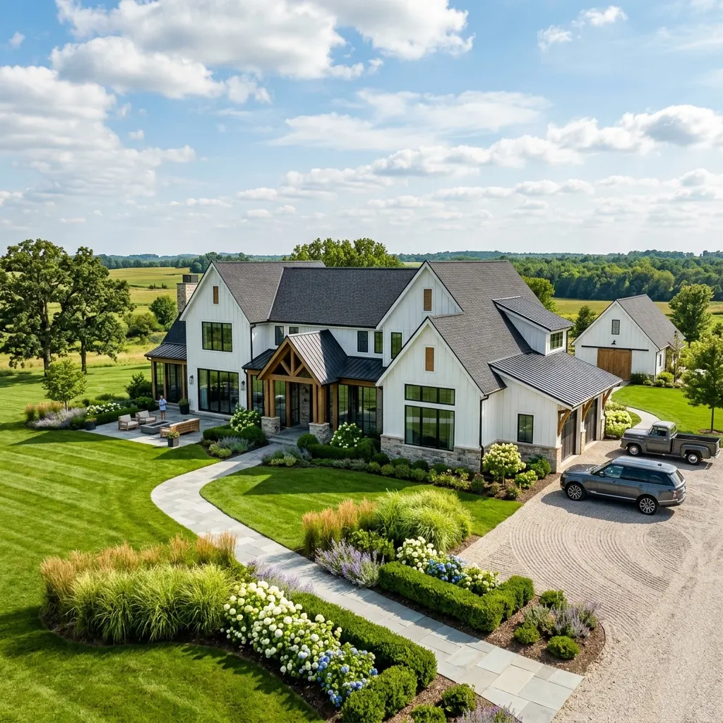 Modern farmhouse with sweeping estate lawn