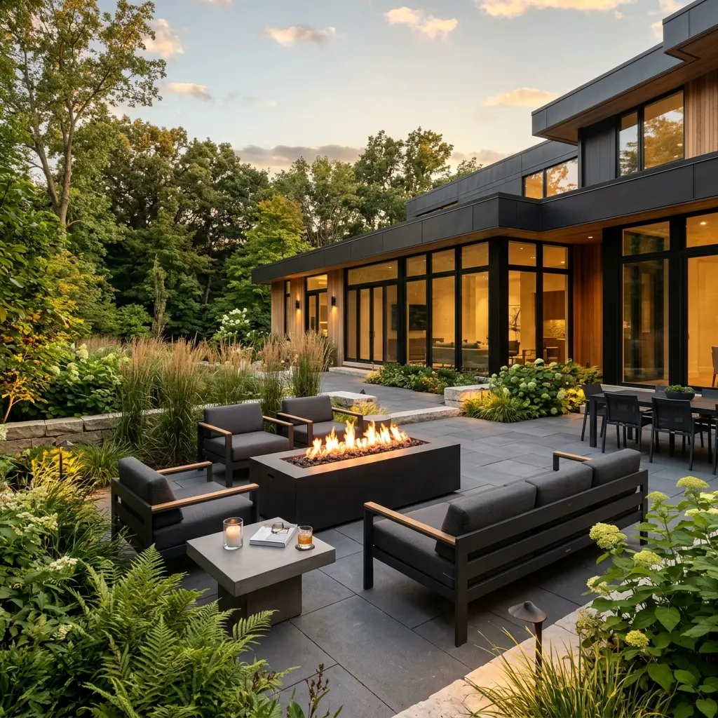 Modern minimalist concrete patio with linear firepit