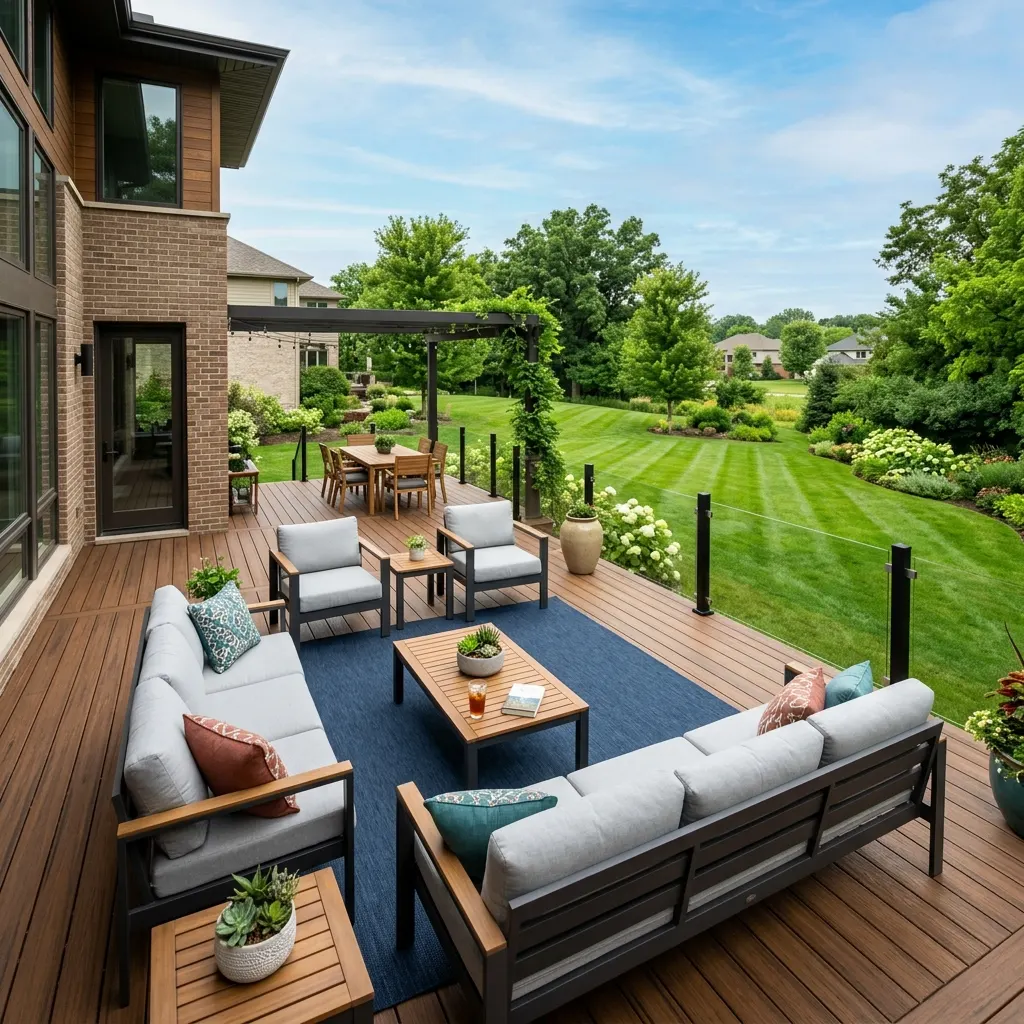 Trex composite deck overlooking green lawn