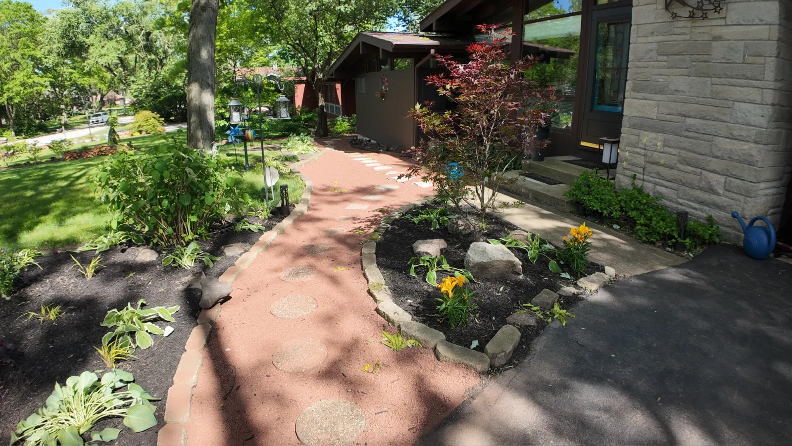 Aerial view of landscape design with red mulch pathway and Japanese maple — Glen Ellyn, IL
