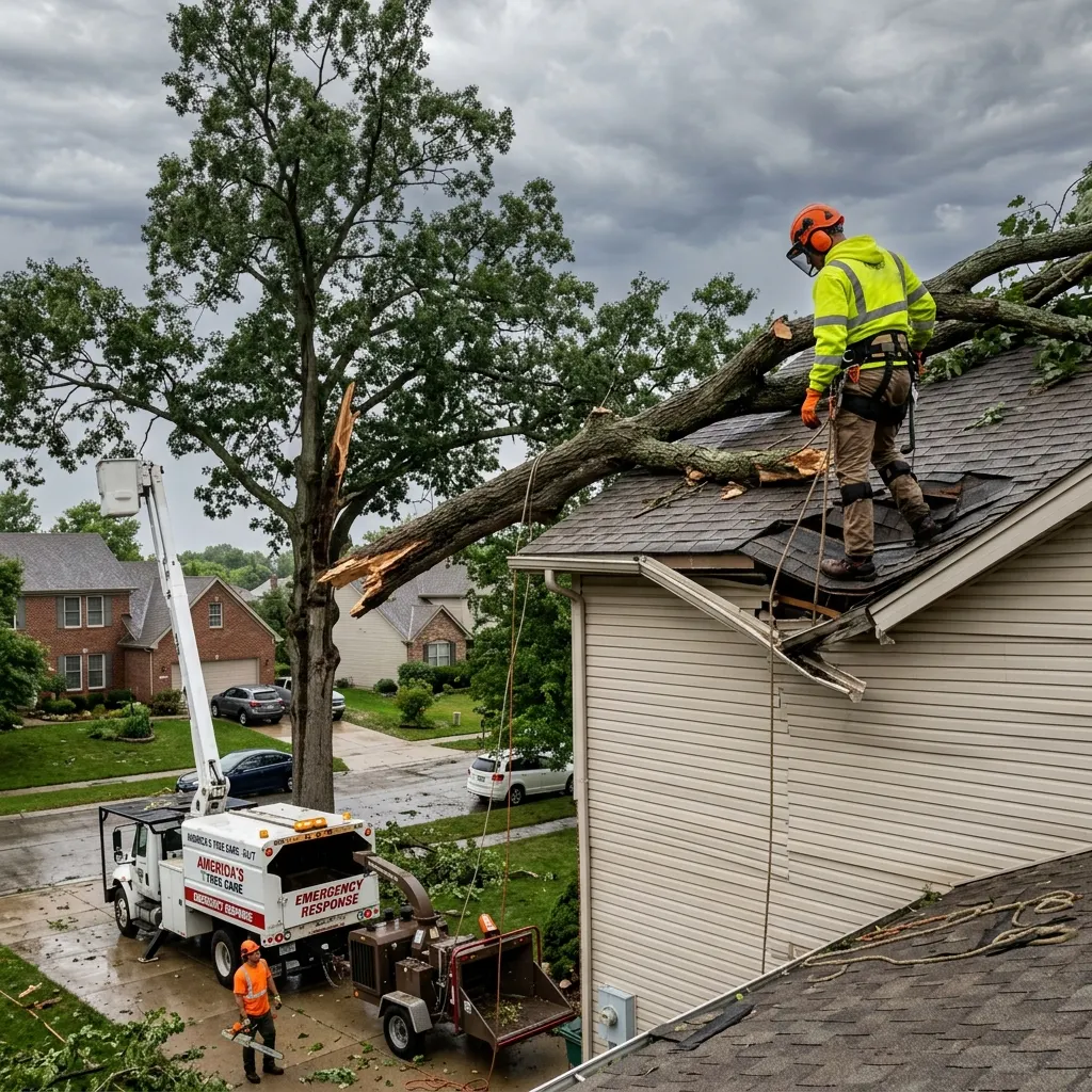 Storm-damaged oak tree fallen onto a Midwest home roof